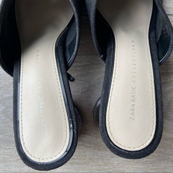 Zara  Black Faux Suede Clear Heel Slides - Picture 4 of 14